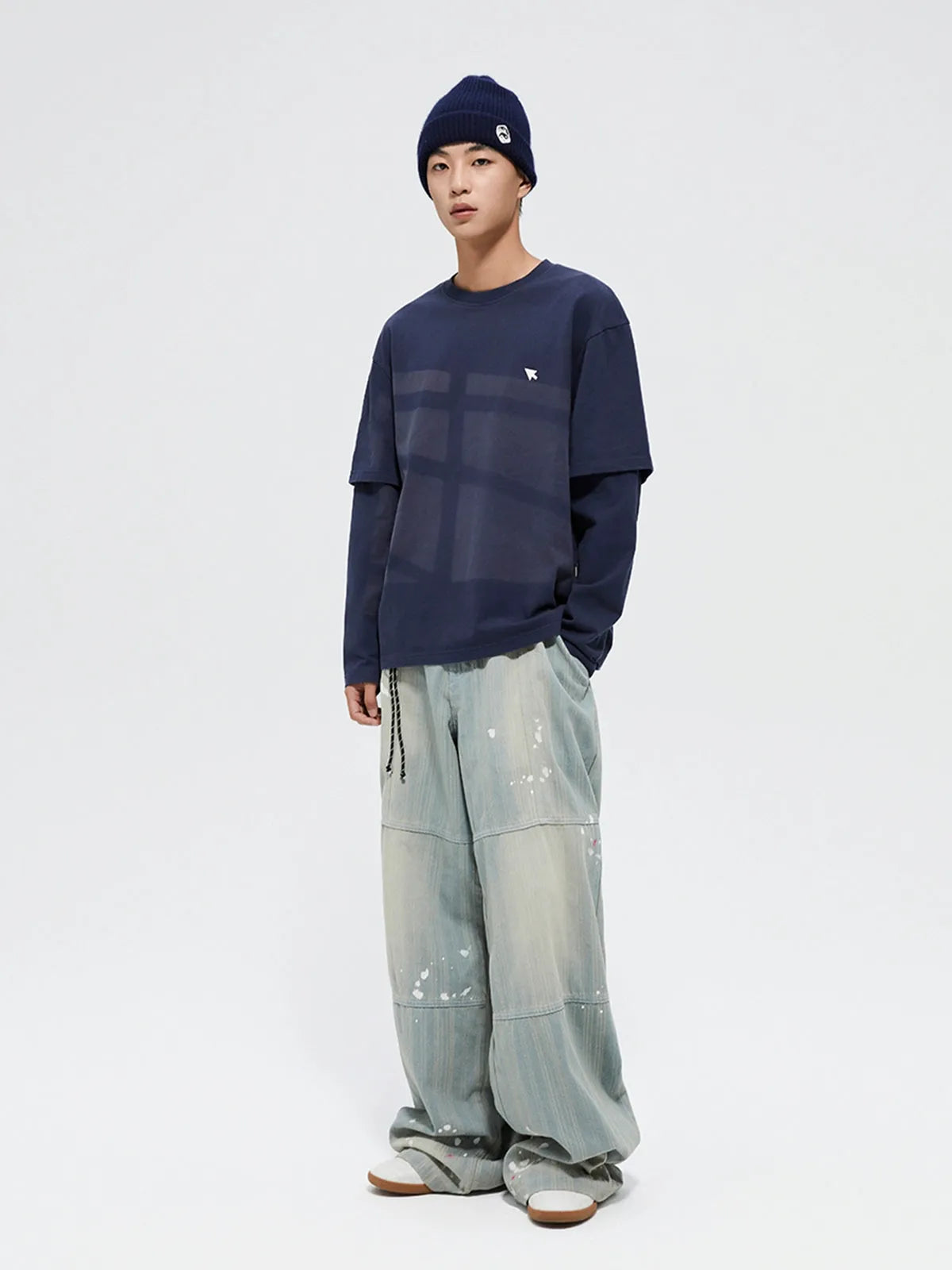 Splattered Wash Stripe Texture Workwear Denim Pants