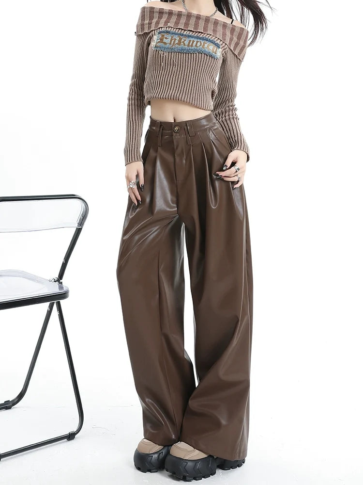 Coffee Wide-Leg Pu Leather Pants