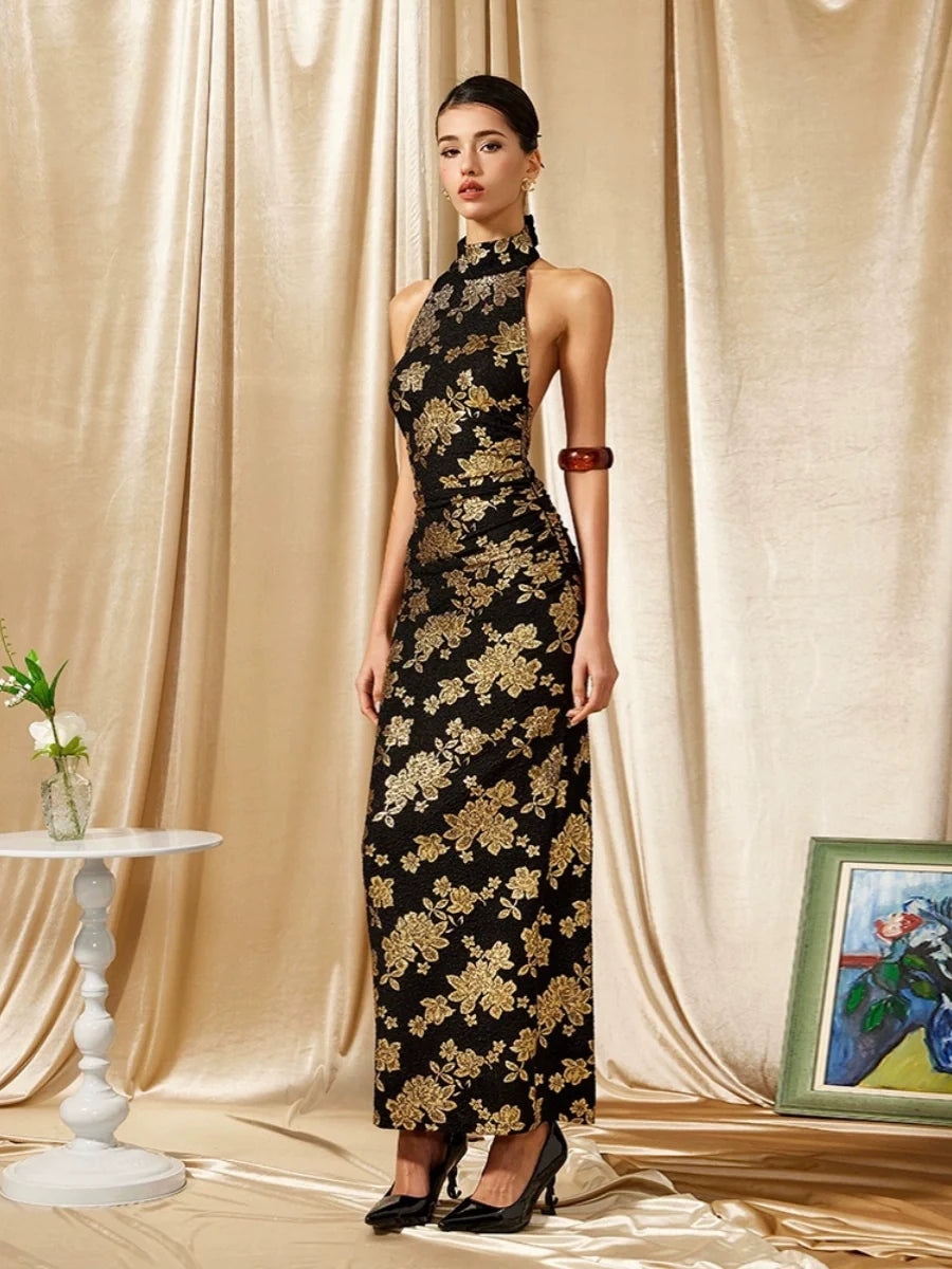 Fywings Black & Gold Halter Cheongsam Maxi Dress