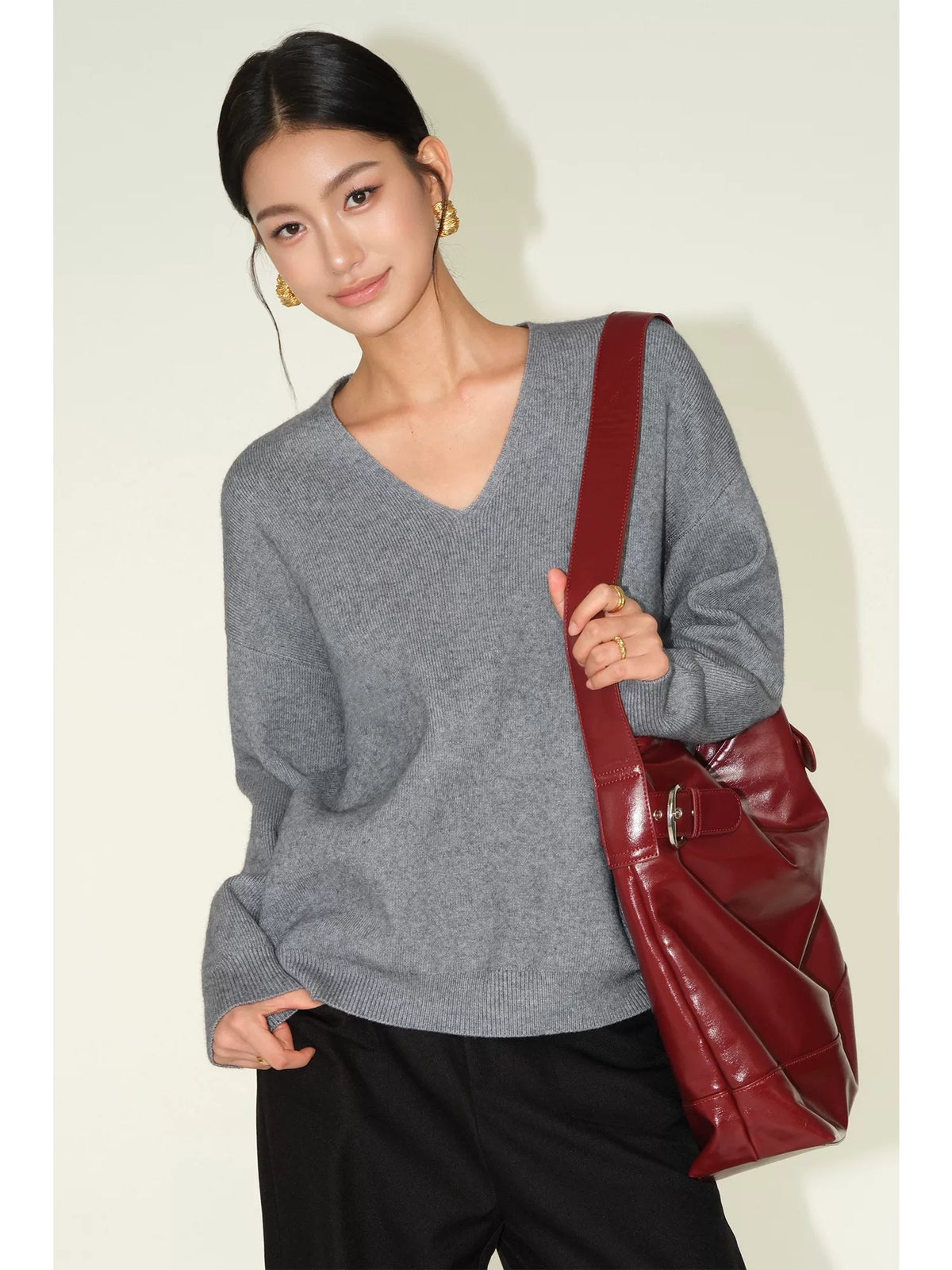 Cozy Line V‑Neck Relaxed Knit Sweater