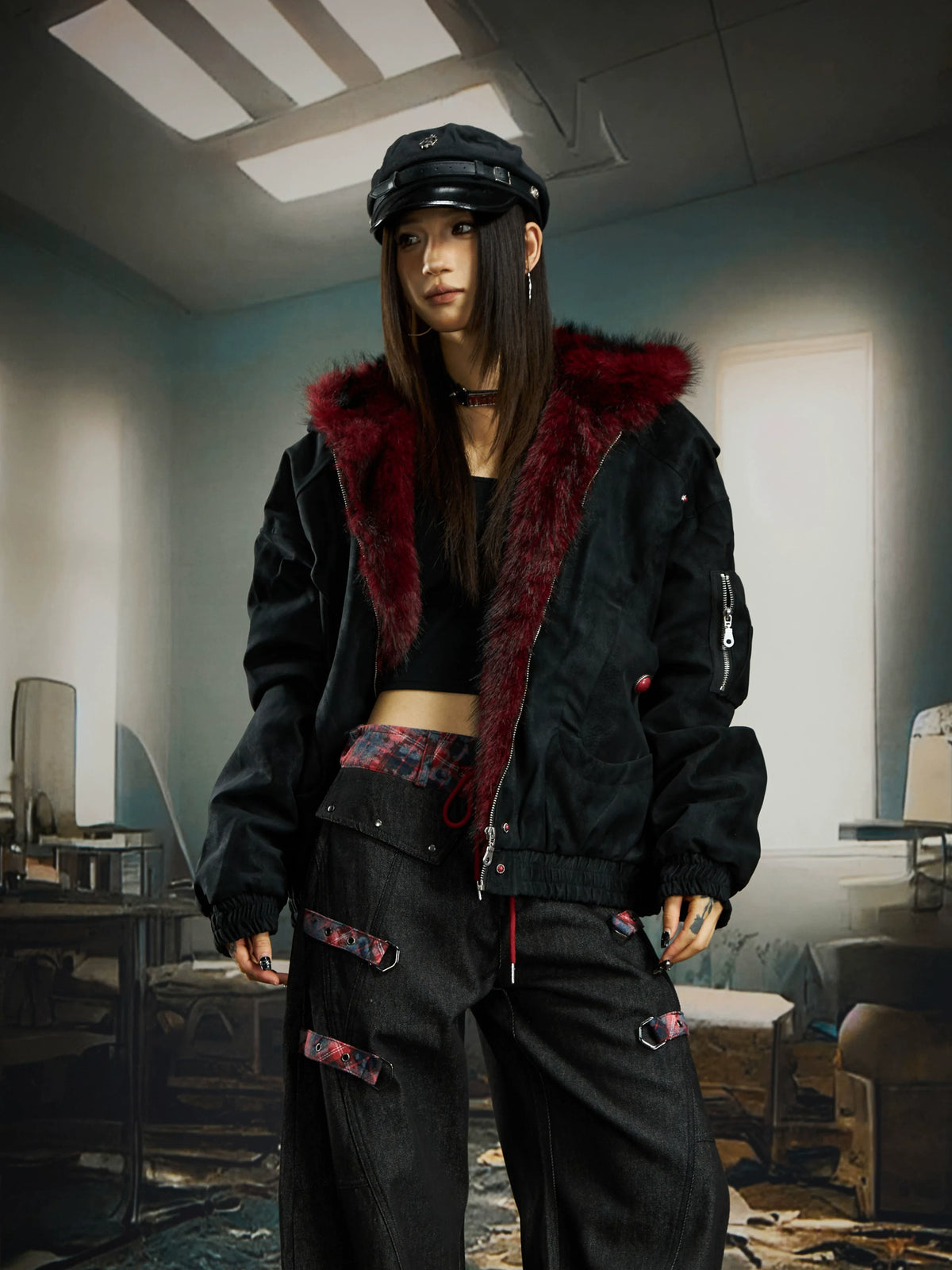 Crimson Howl Fur‑Hood Rebel Jacket