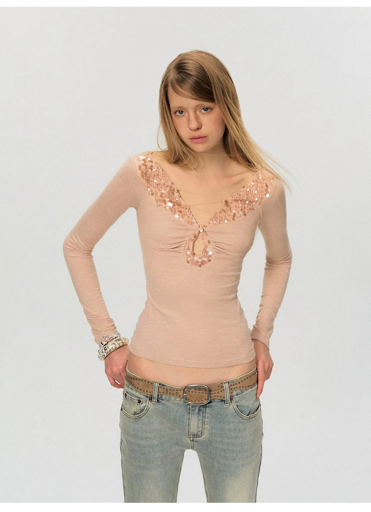 Cut-Out Lace-Up Slim Fit Long Sleeve Top