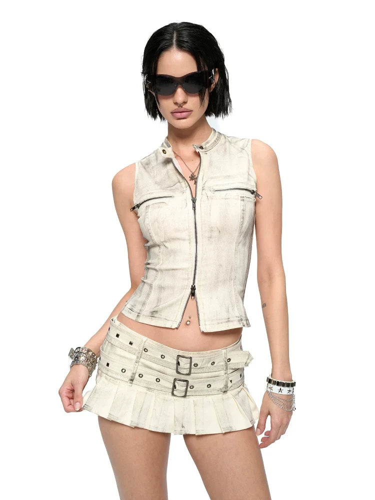 Bleached Denim Zip Vest & Mini Skirt Separates