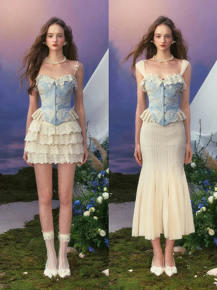 Vintage Lace-Embroidered Blue Corset