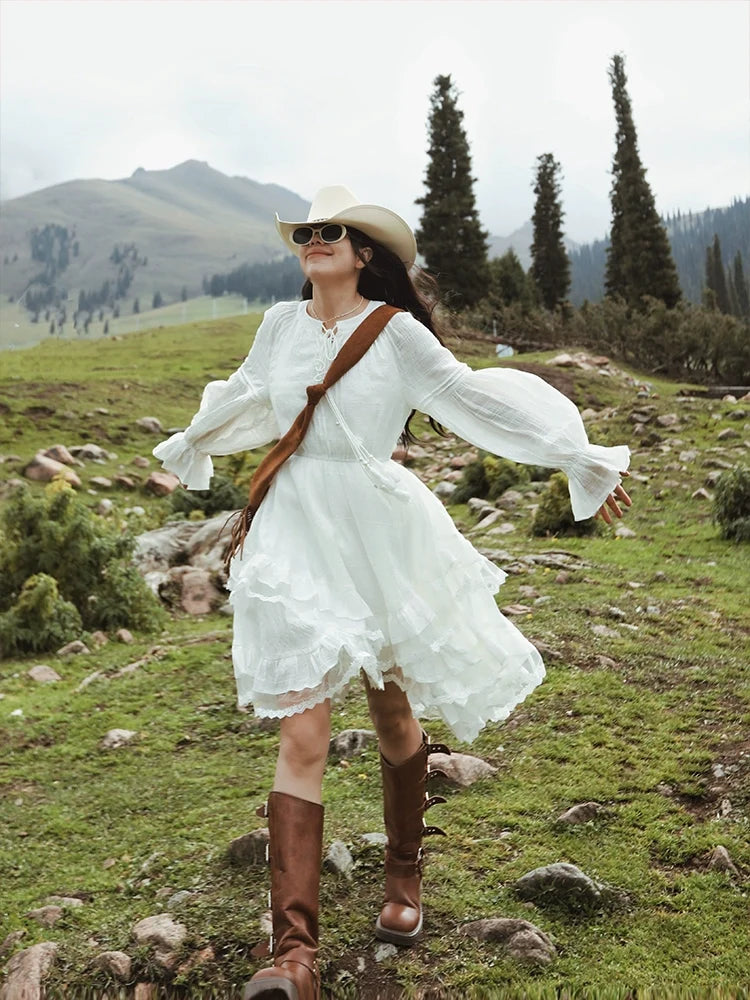 Maixu White Ruffle Long-Sleeve Midi Dress