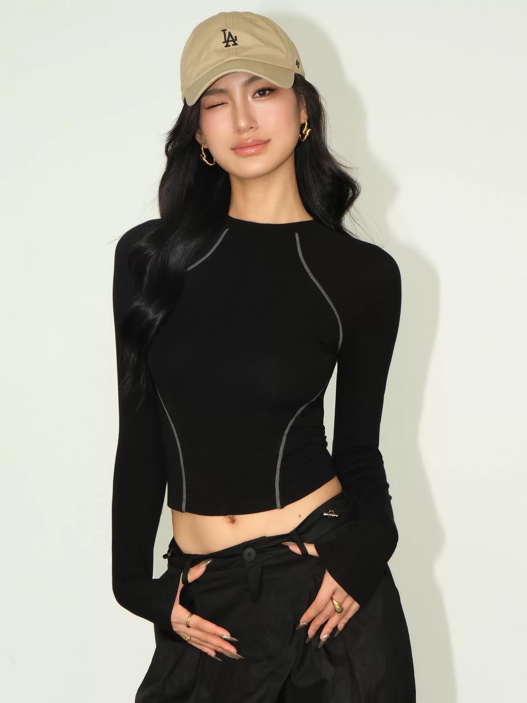Trackline Contrast Stitch Long Sleeve Tee