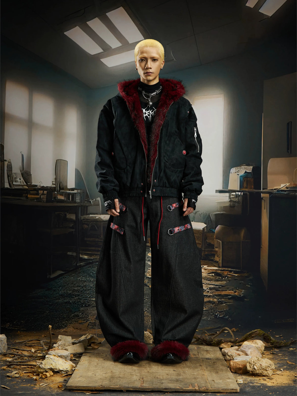 Crimson Howl Fur‑Hood Rebel Jacket