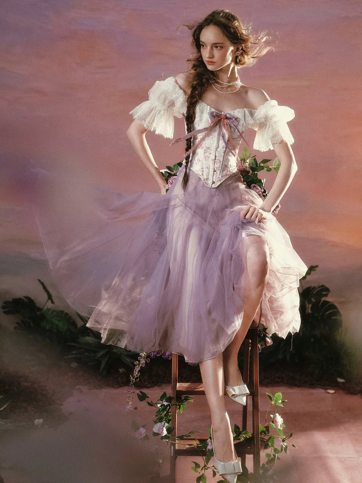 French Victorian Floral Corset Top & Tulle Skirt Set