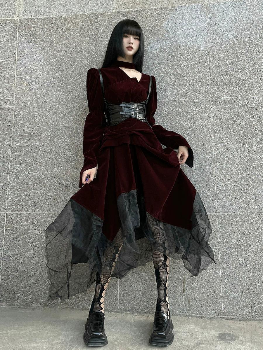 Lady Ghost Burgundy Velvet Gothic Maxi Dress