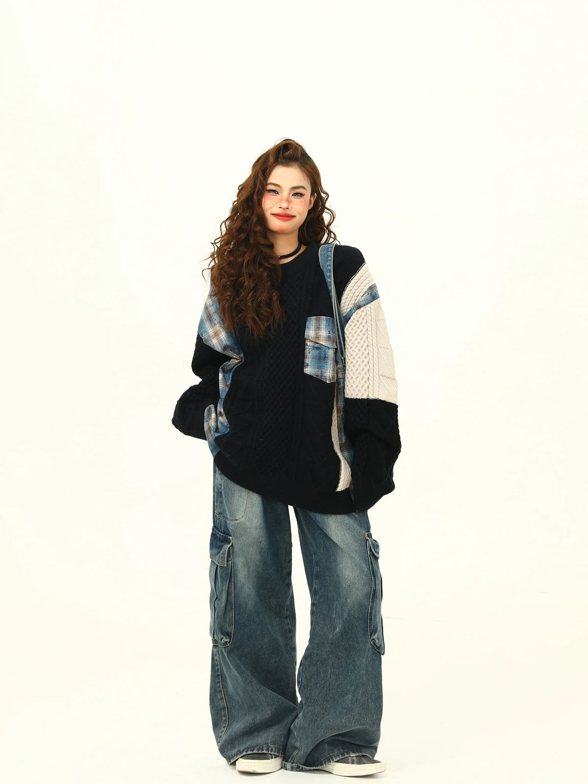 Patchwork Knit and Plaid Sweater