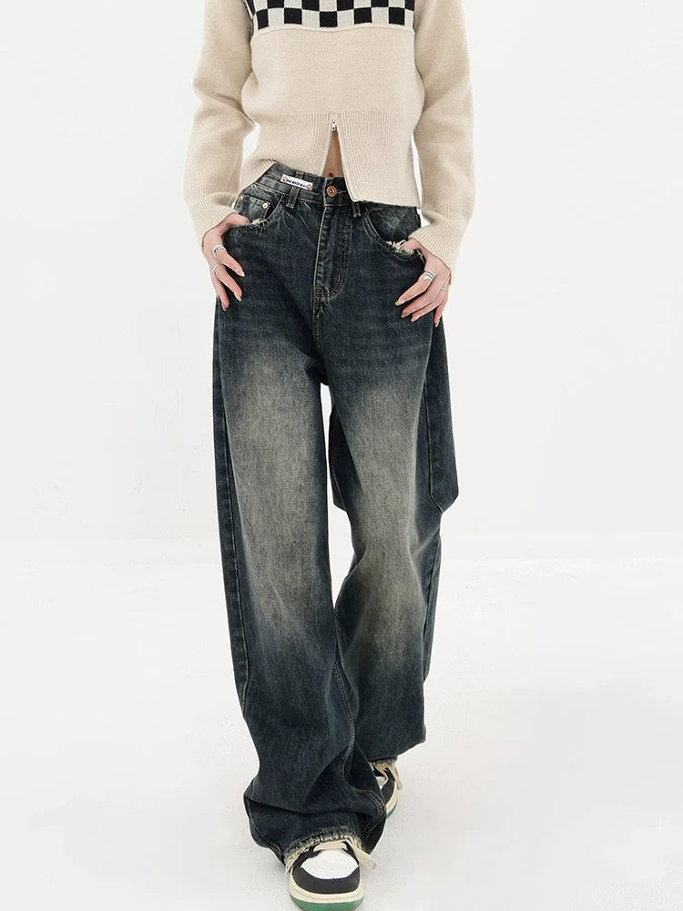 Vintage High Street Deep Blue Wide-Leg Denim Pants