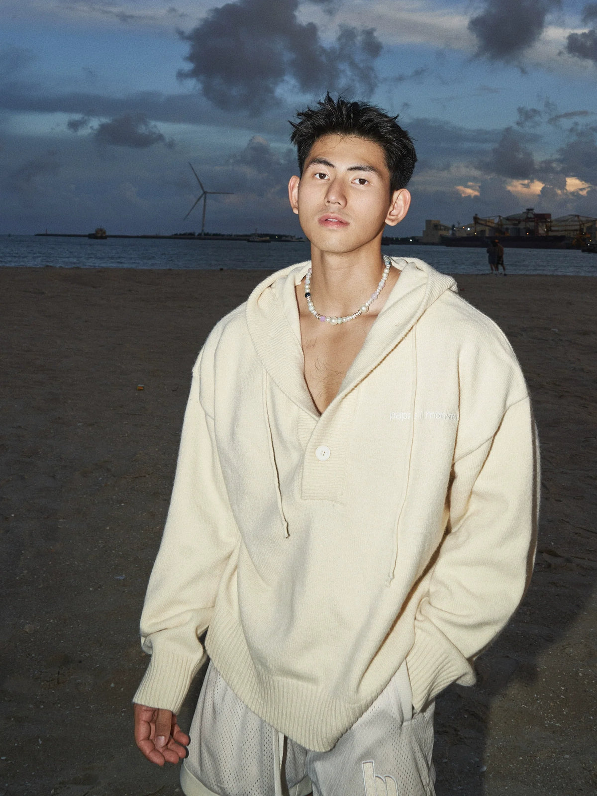 Blue Knit Hooded Henley Sweater