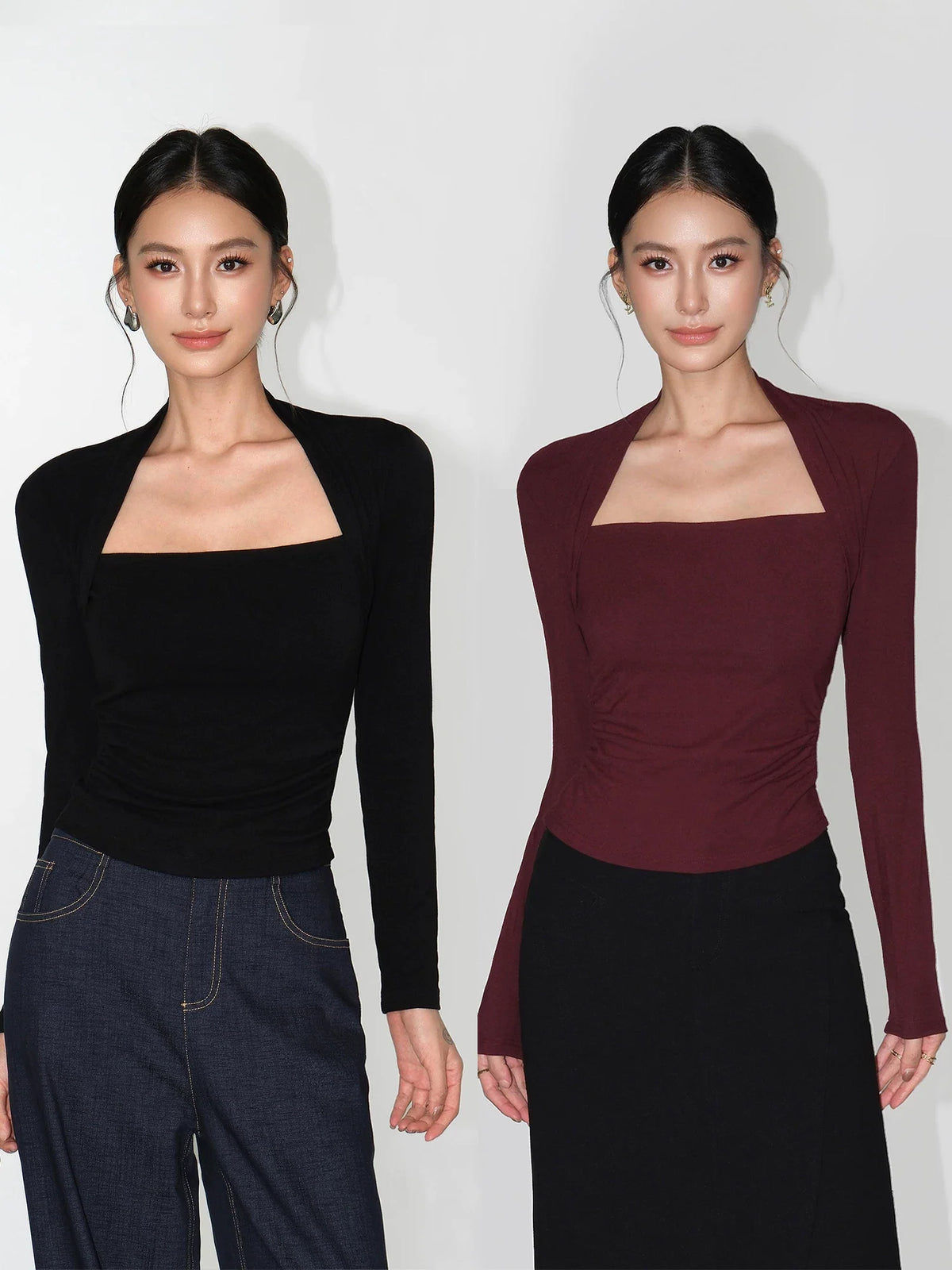 Frame-Line Square Neck Long Sleeve Top