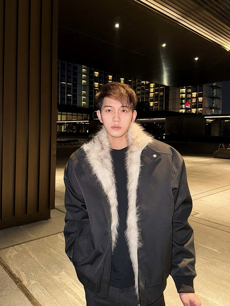 LINYILUCK Black Faux-Fur-Collar Bomber Jacket