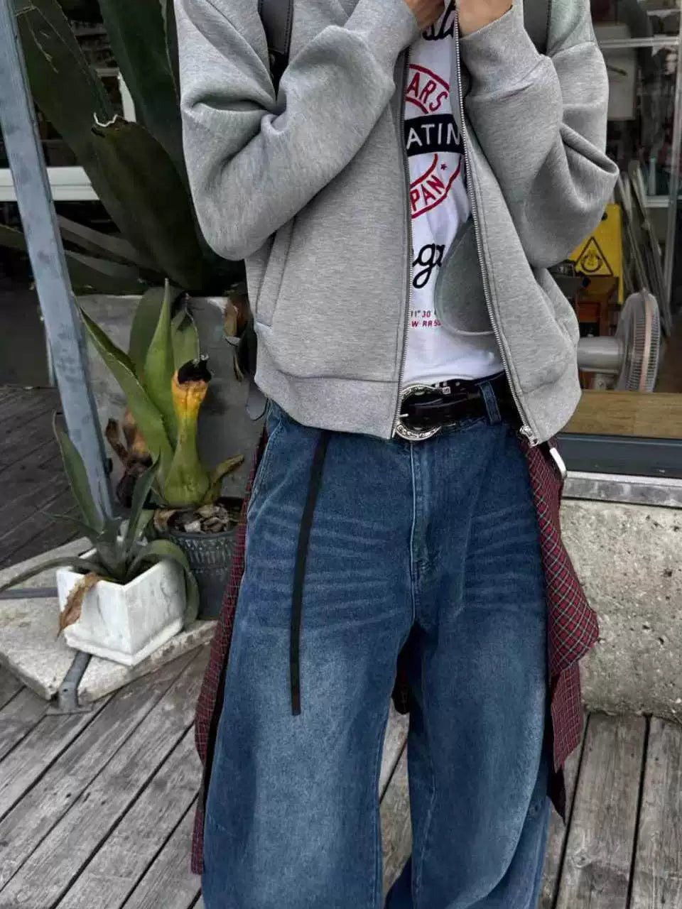 Convertible Plaid Drape Barrel Jeans