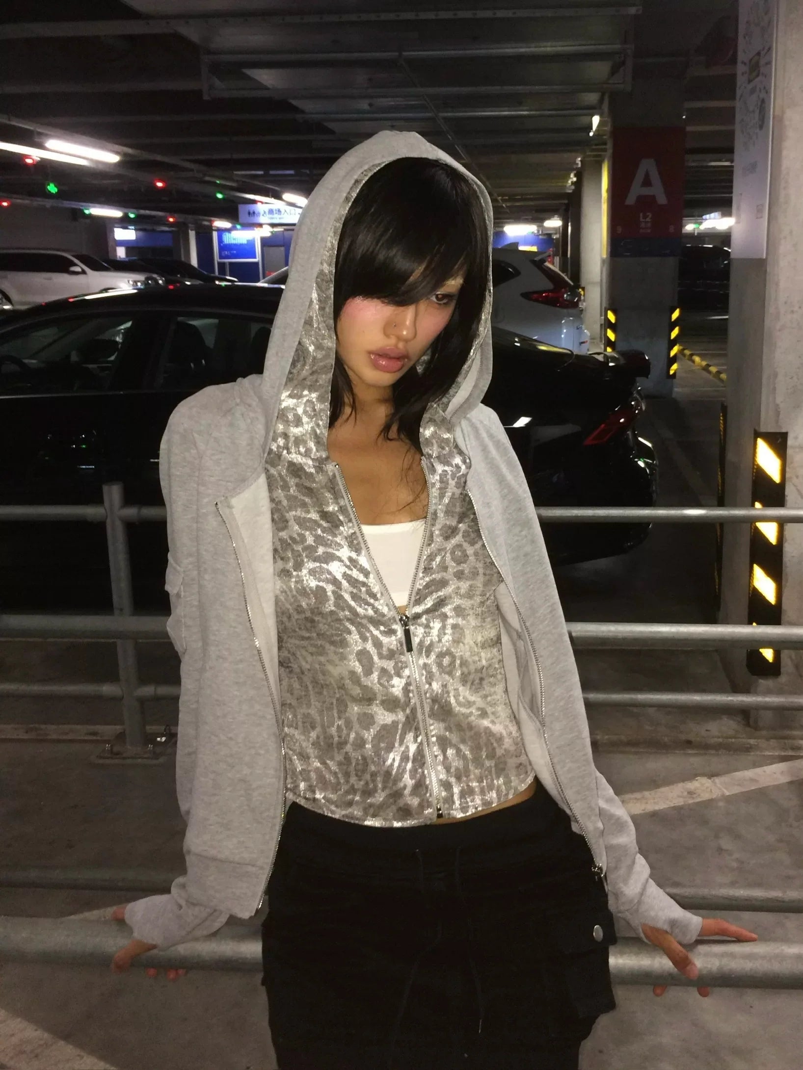 RudeLeopard Double-Layer Silver Leopard Zip Hoodie