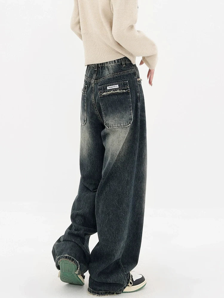 Vintage High Street Deep Blue Wide-Leg Denim Pants