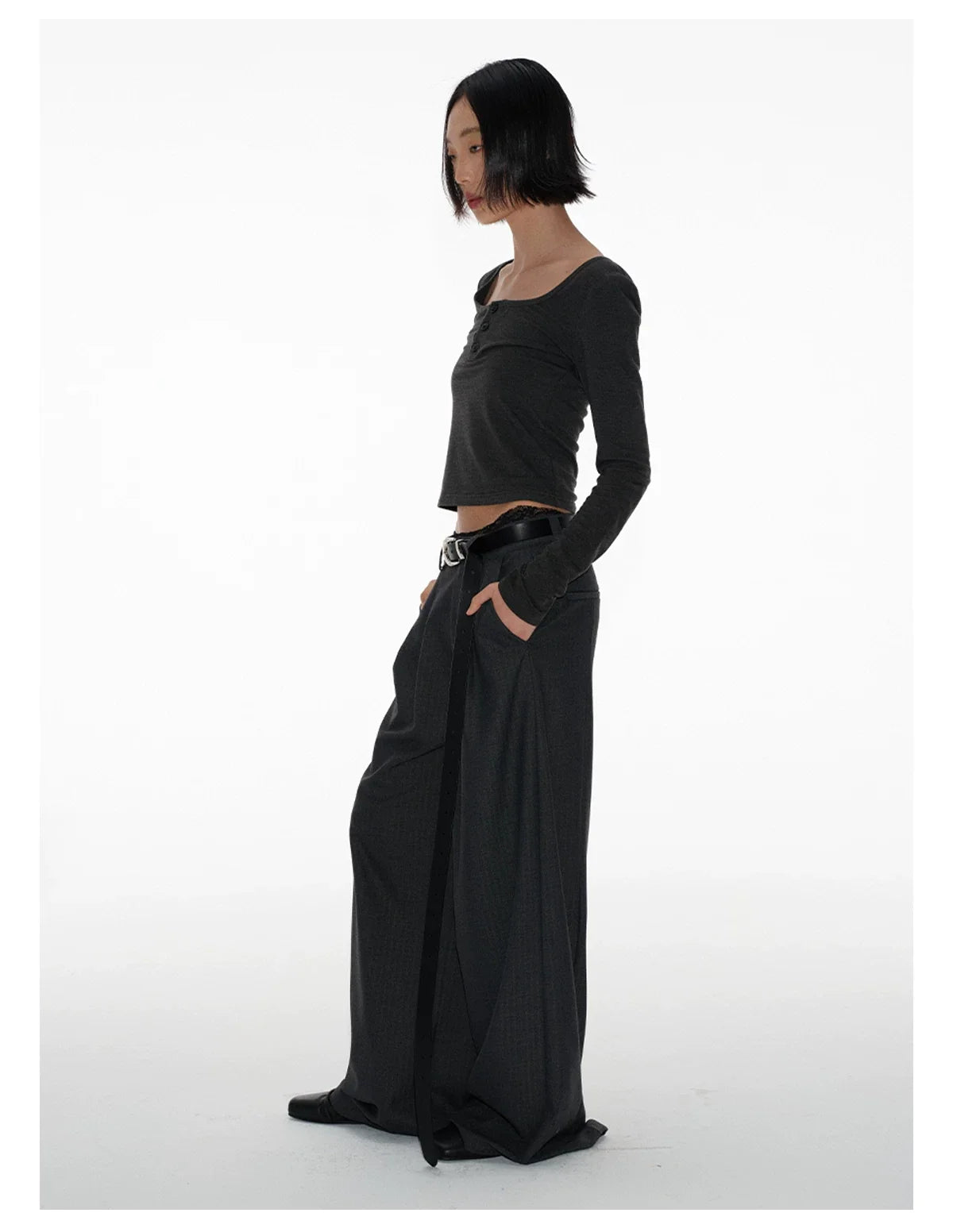 Belted Strap Tailored Wide-Leg Dress Trousers