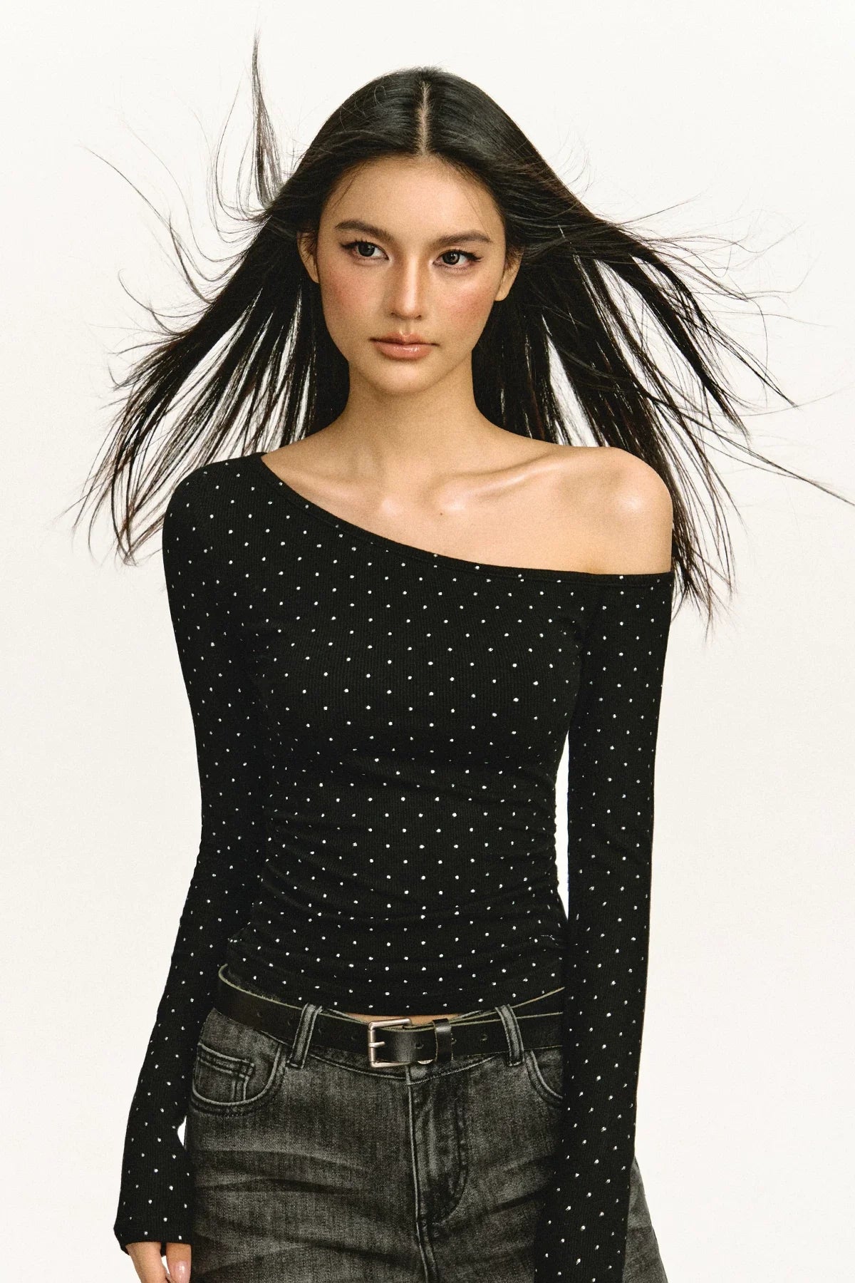 Off-Shoulder Ruched Long-Sleeve Top