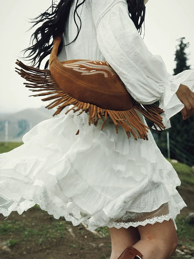 Maixu White Ruffle Long-Sleeve Midi Dress
