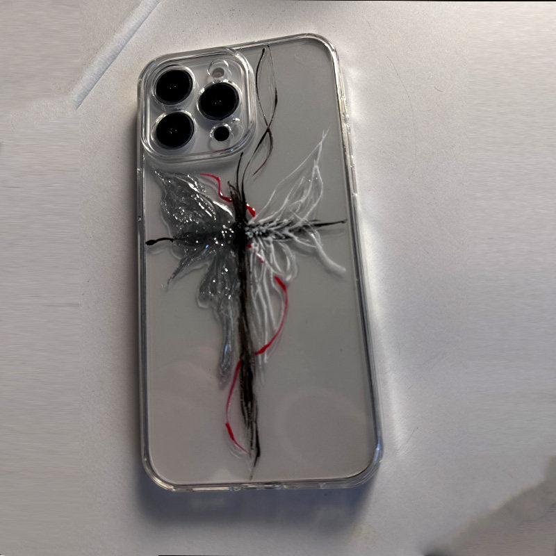 简约透明十字架蝶适用苹果15Pro手机壳iPhone17Pro高级感16Promax硬壳13小众16Pro防摔立体x保护套15网红全包