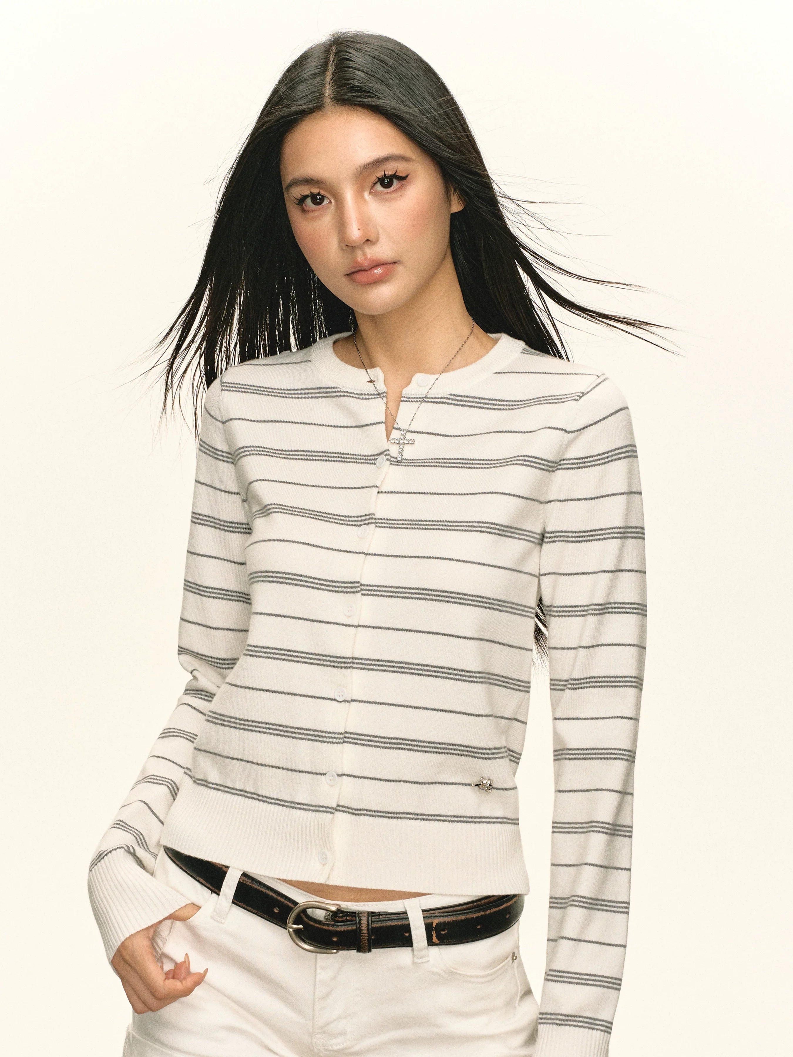 Striped Button-Front Knit Autumn Cardigan