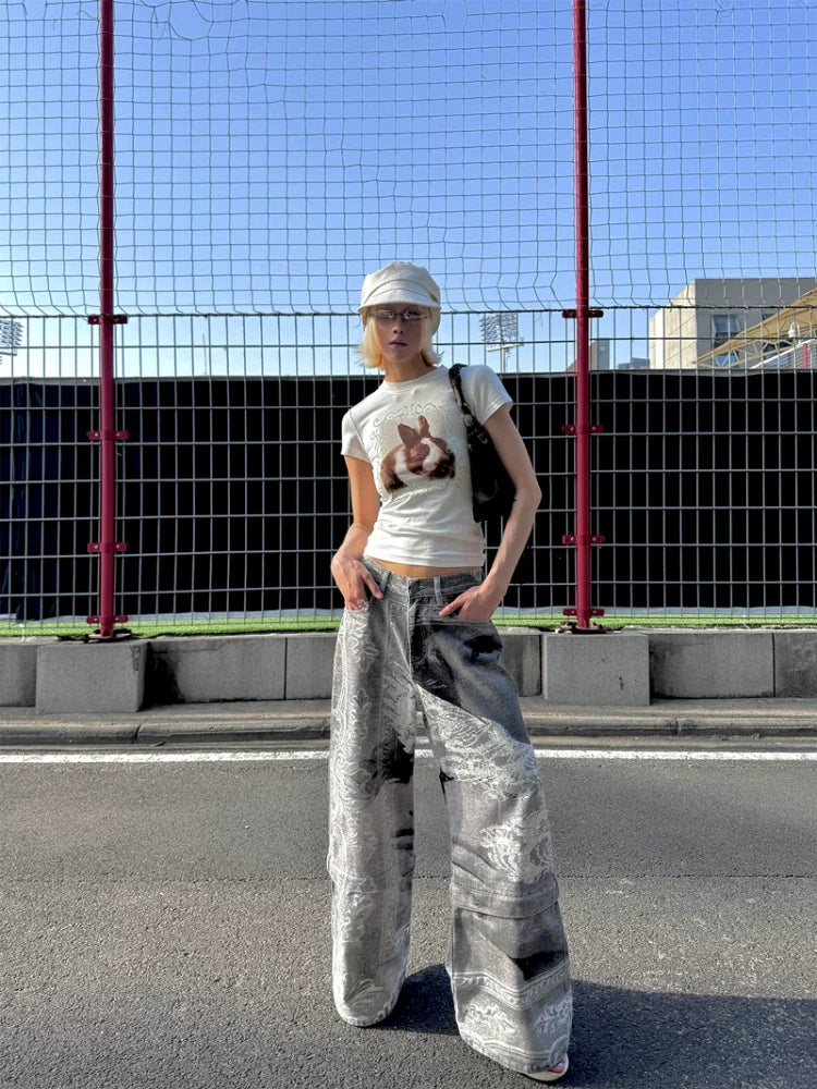 Flying Bird Print Convertible Wide-Leg Jeans
