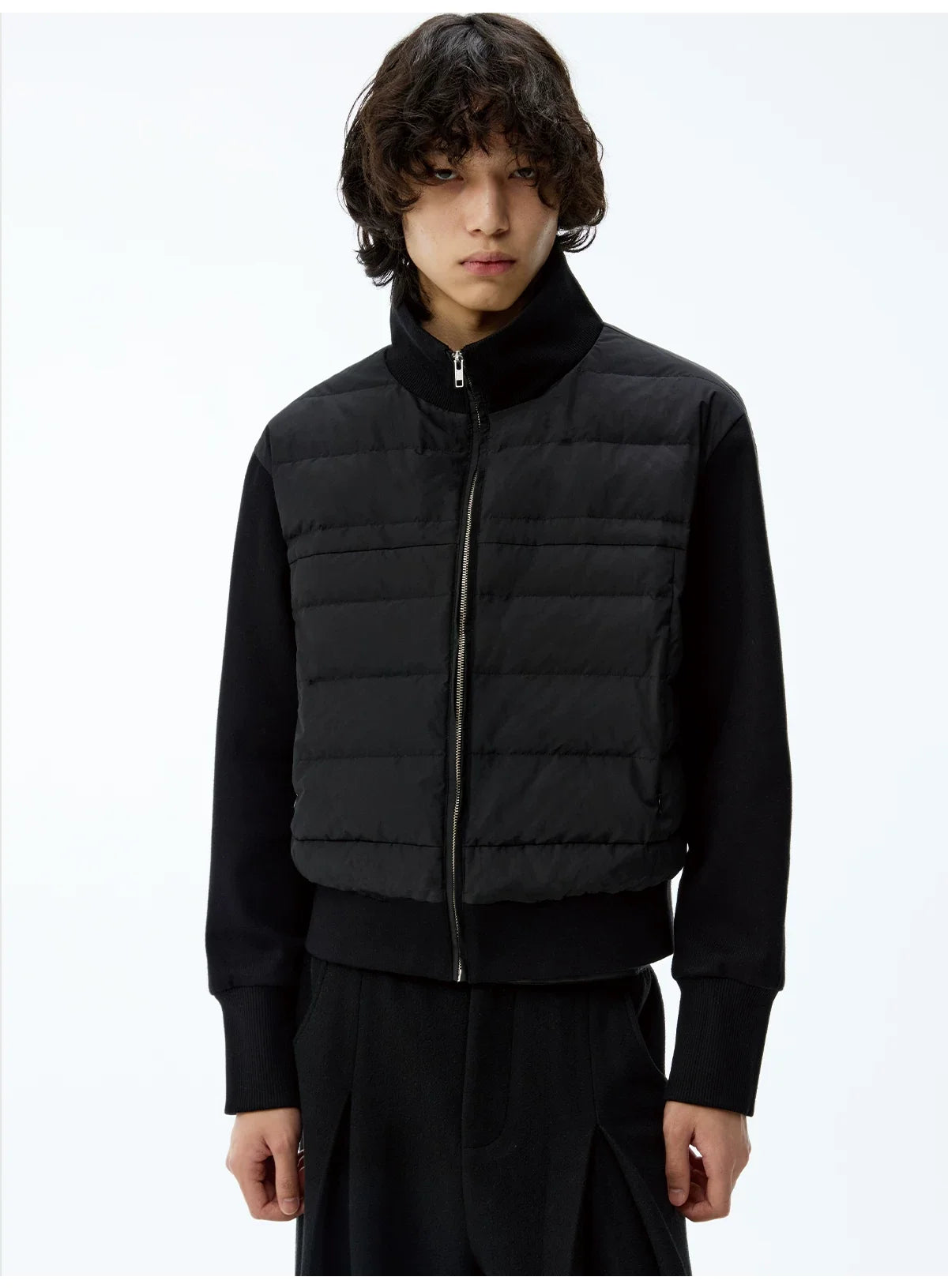 Black Quilted Panel Zip Bomber Jacket