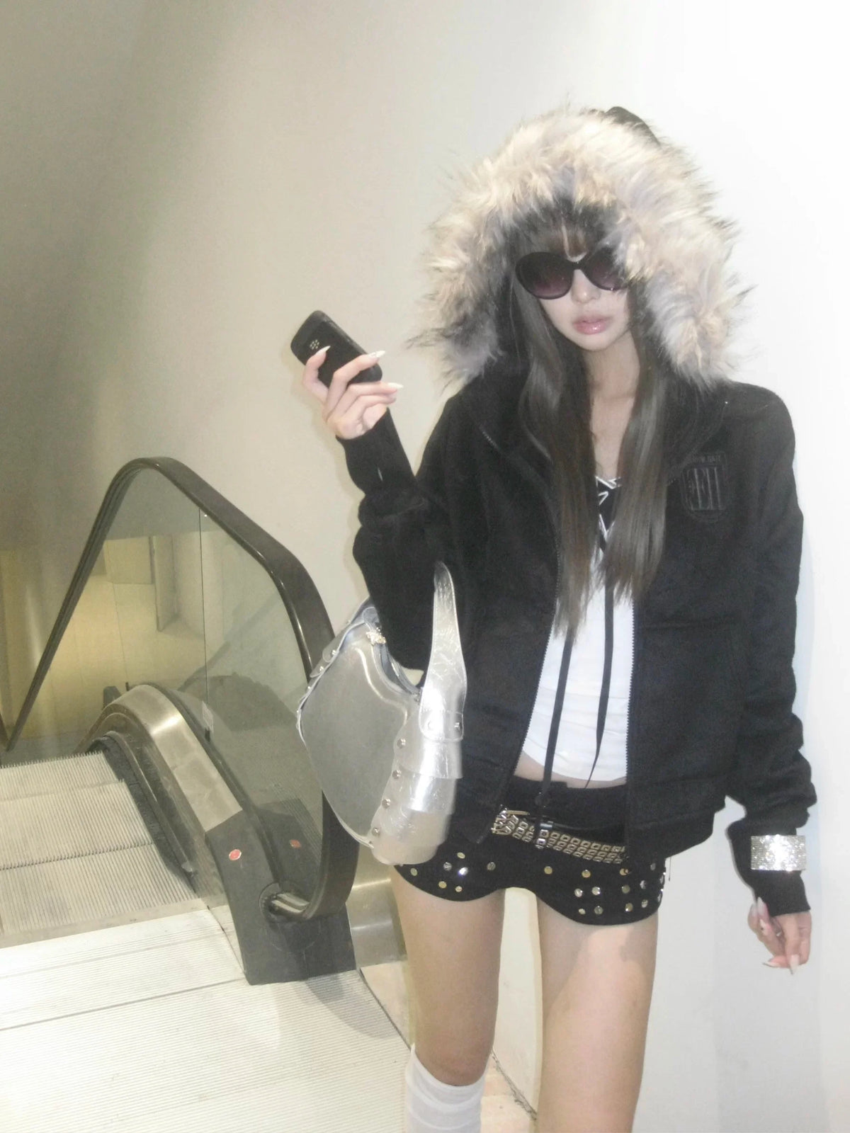 Cross Coffin Gold Raccoon Fur Cropped Hoodie