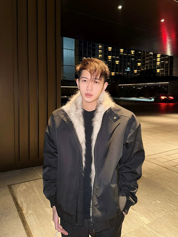 LINYILUCK Black Faux-Fur-Collar Bomber Jacket