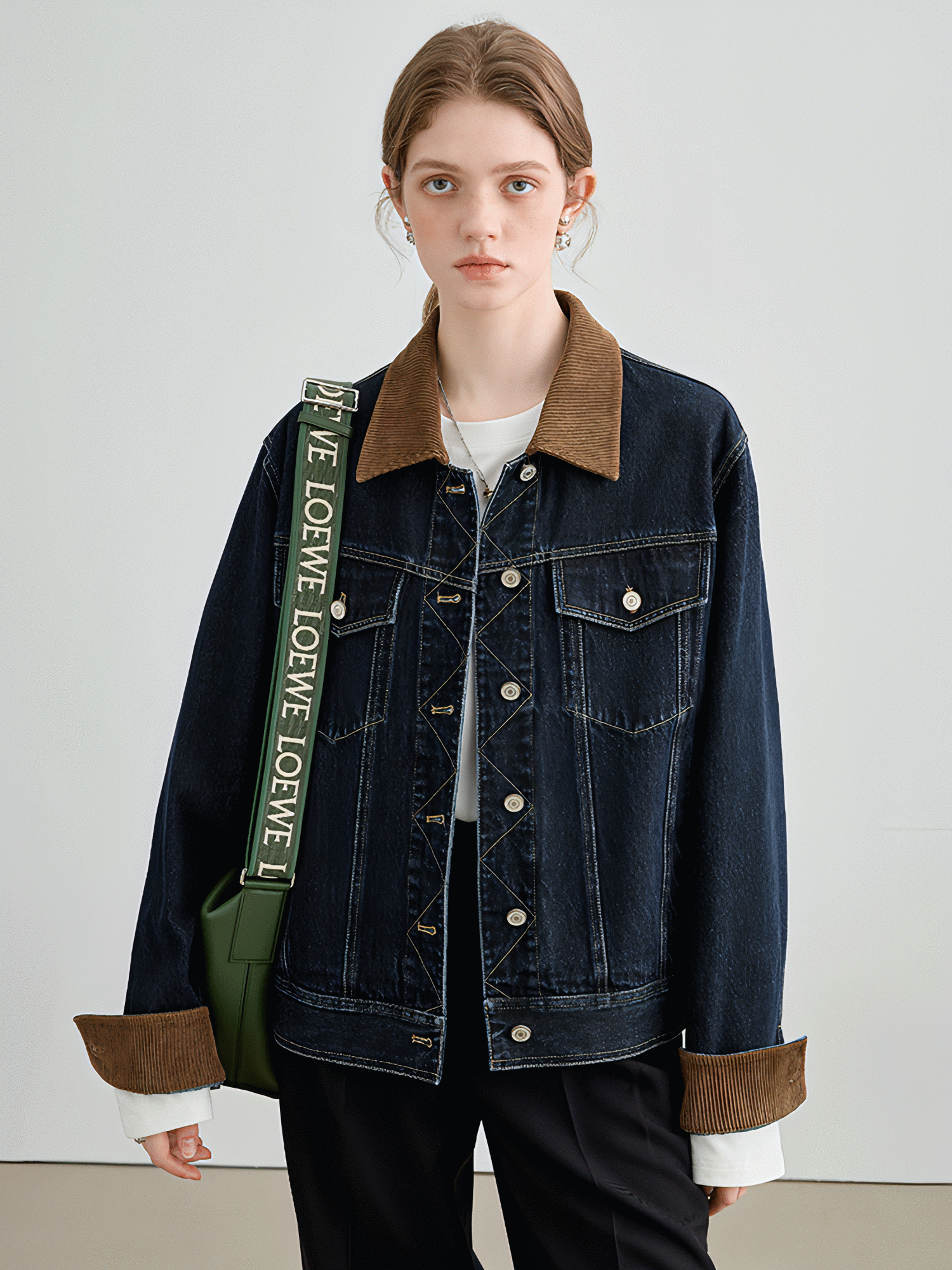 Dark-Wash Denim Jacket with Corduroy Trim