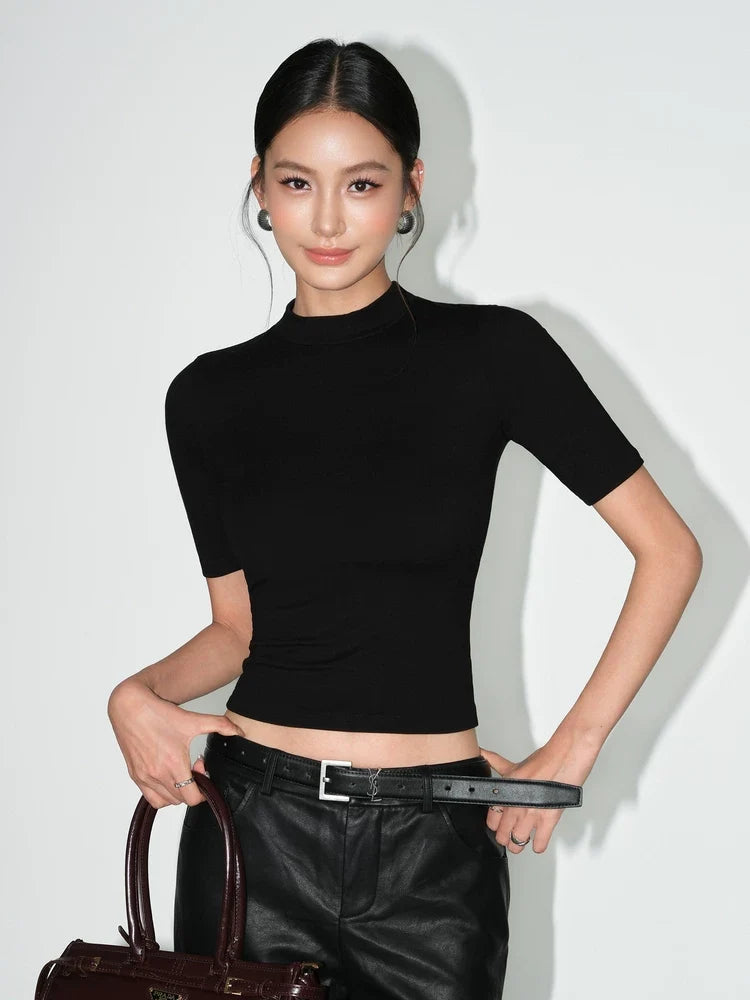 Sculpted Sleek Mock-Neck Knit Tees