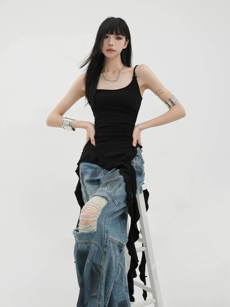 Kenh House Asymmetric Ribbon-Strap Ruffle Tank Top