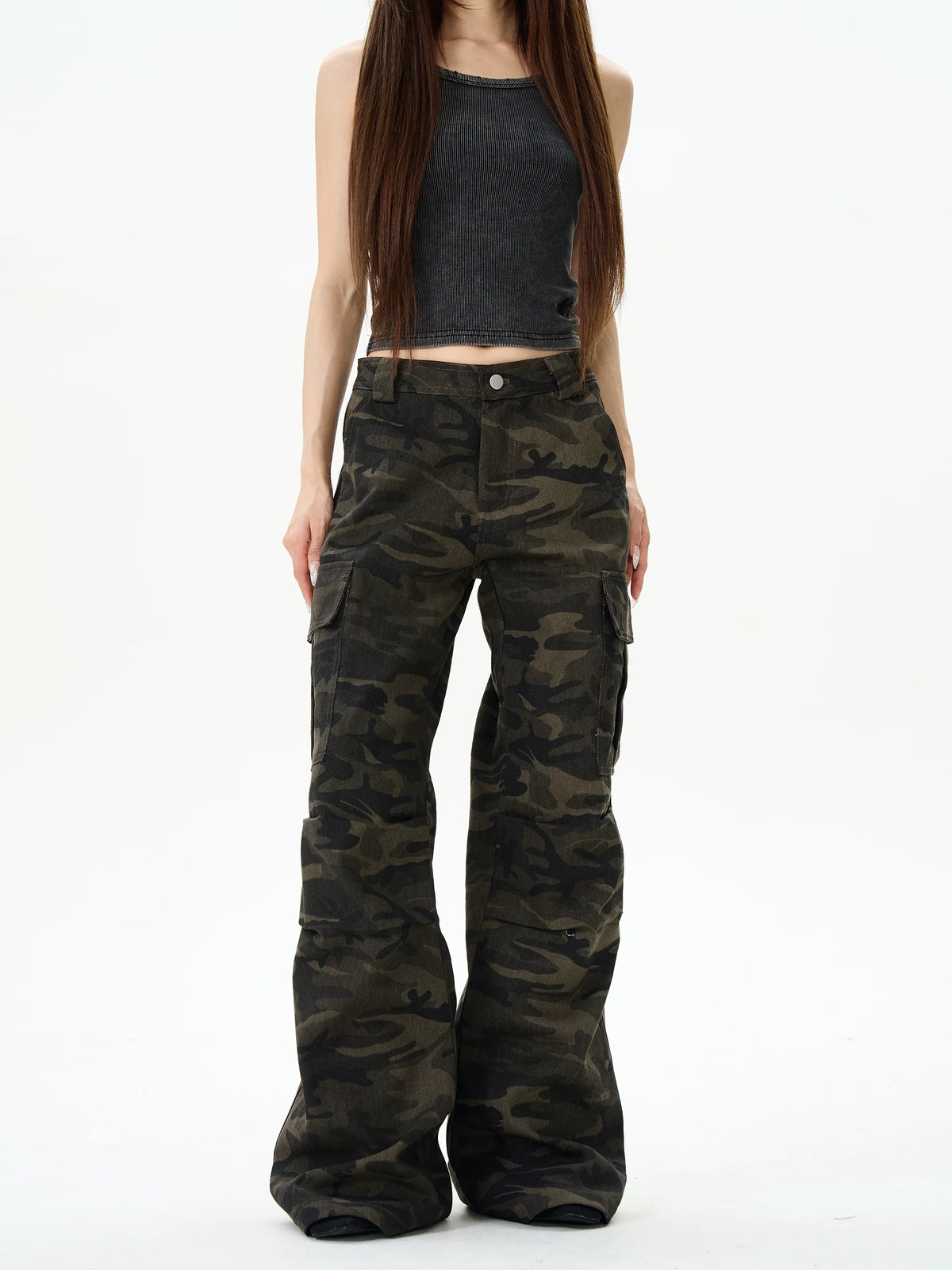 Camo Print Wide-Leg Multi-Pocket Cargo Pants