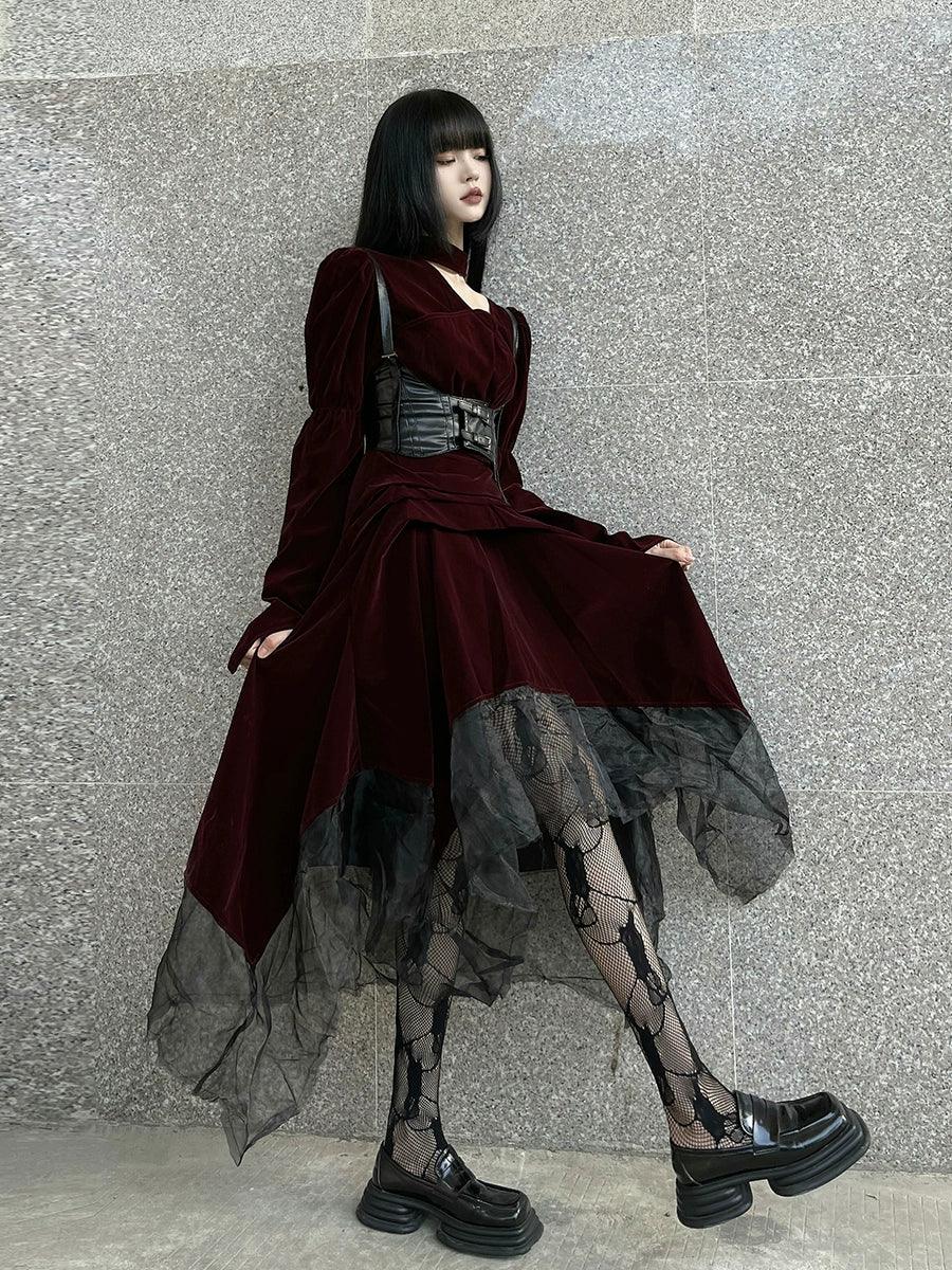 Lady Ghost Burgundy Velvet Gothic Maxi Dress