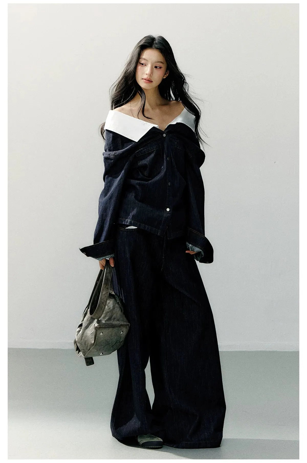 Off-Shoulder Denim Long Sleeve Shirt