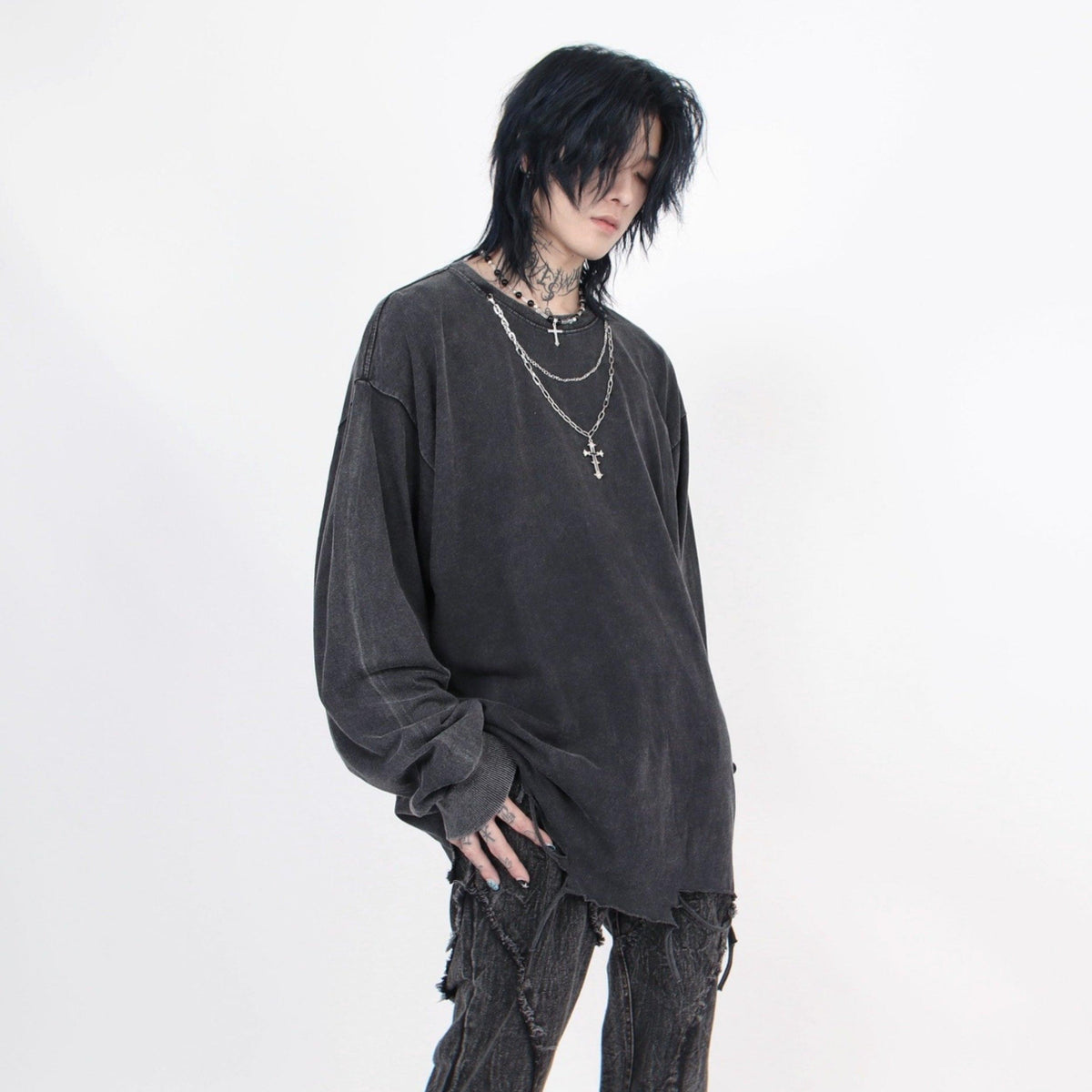 Men's Distressed Oversized Long-Sleeve Tee with Cross Necklace
