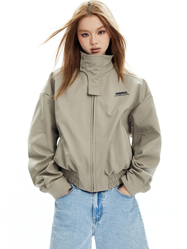 High-Collar Cropped Bomber Jacket