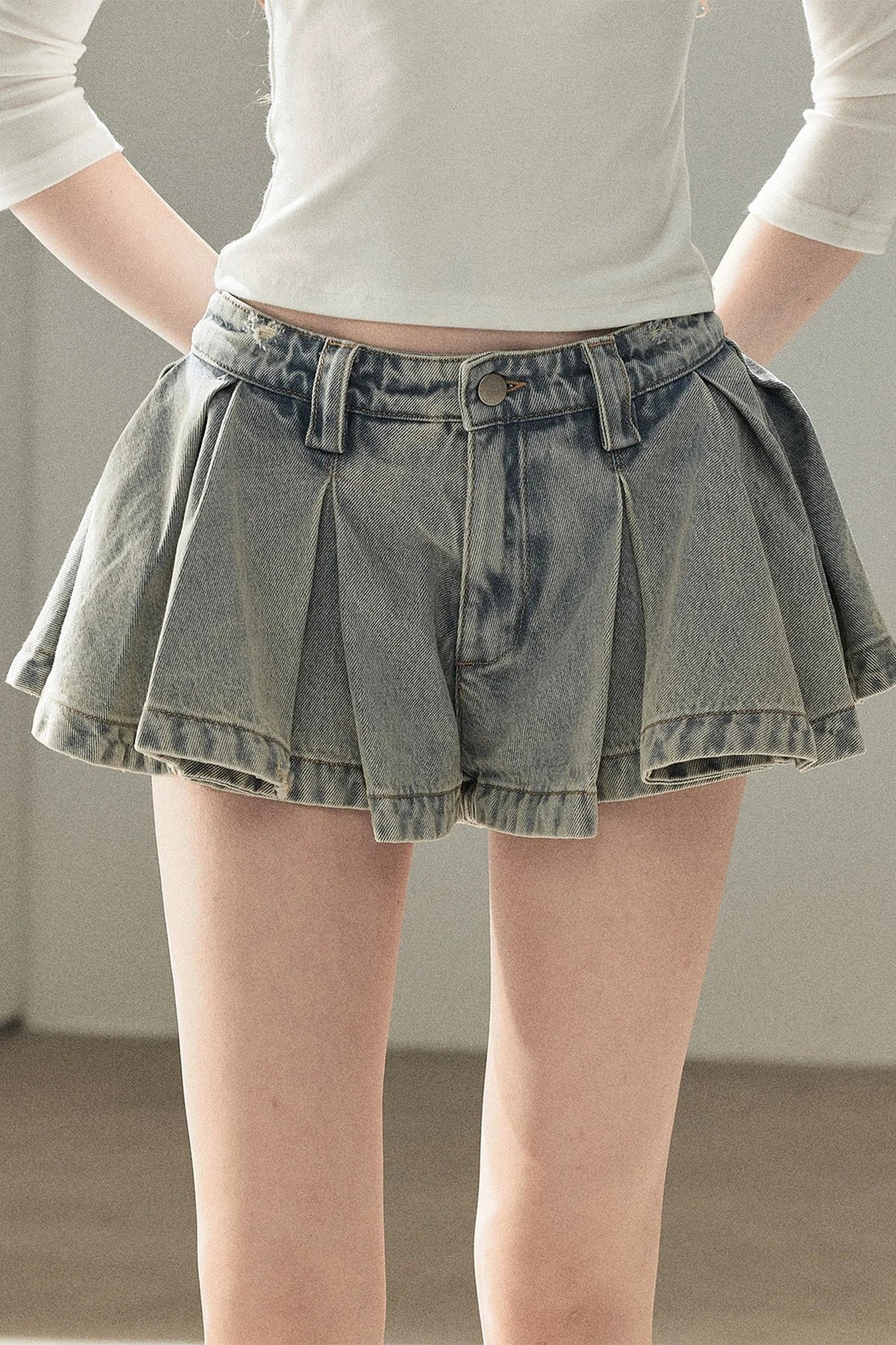 A-Line Pleated Denim Skirt