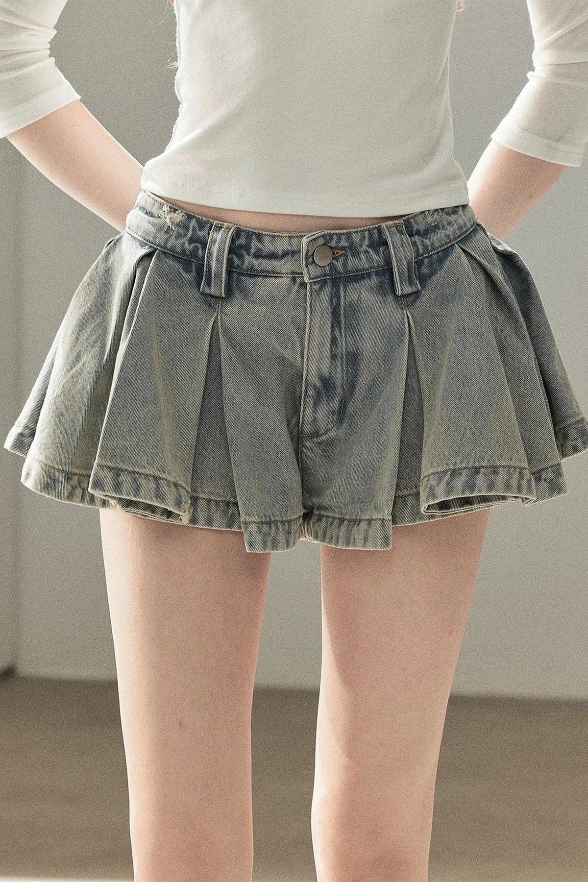 A-Line Pleated Denim Skirt