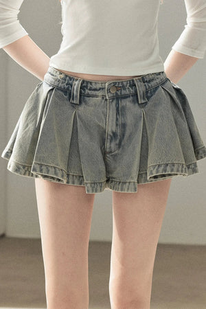 A-Line Pleated Denim Skirt