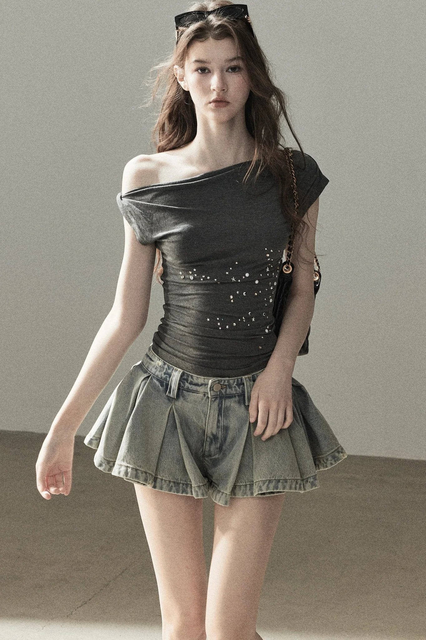 A-Line Pleated Denim Skirt