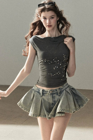 A-Line Pleated Denim Skirt