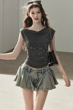 A-Line Pleated Denim Skirt