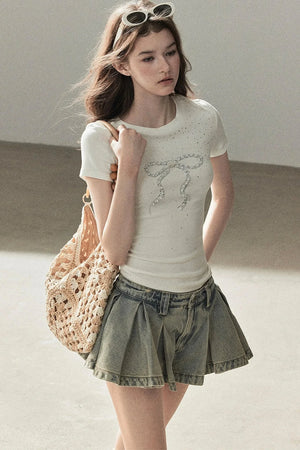 A-Line Pleated Denim Skirt