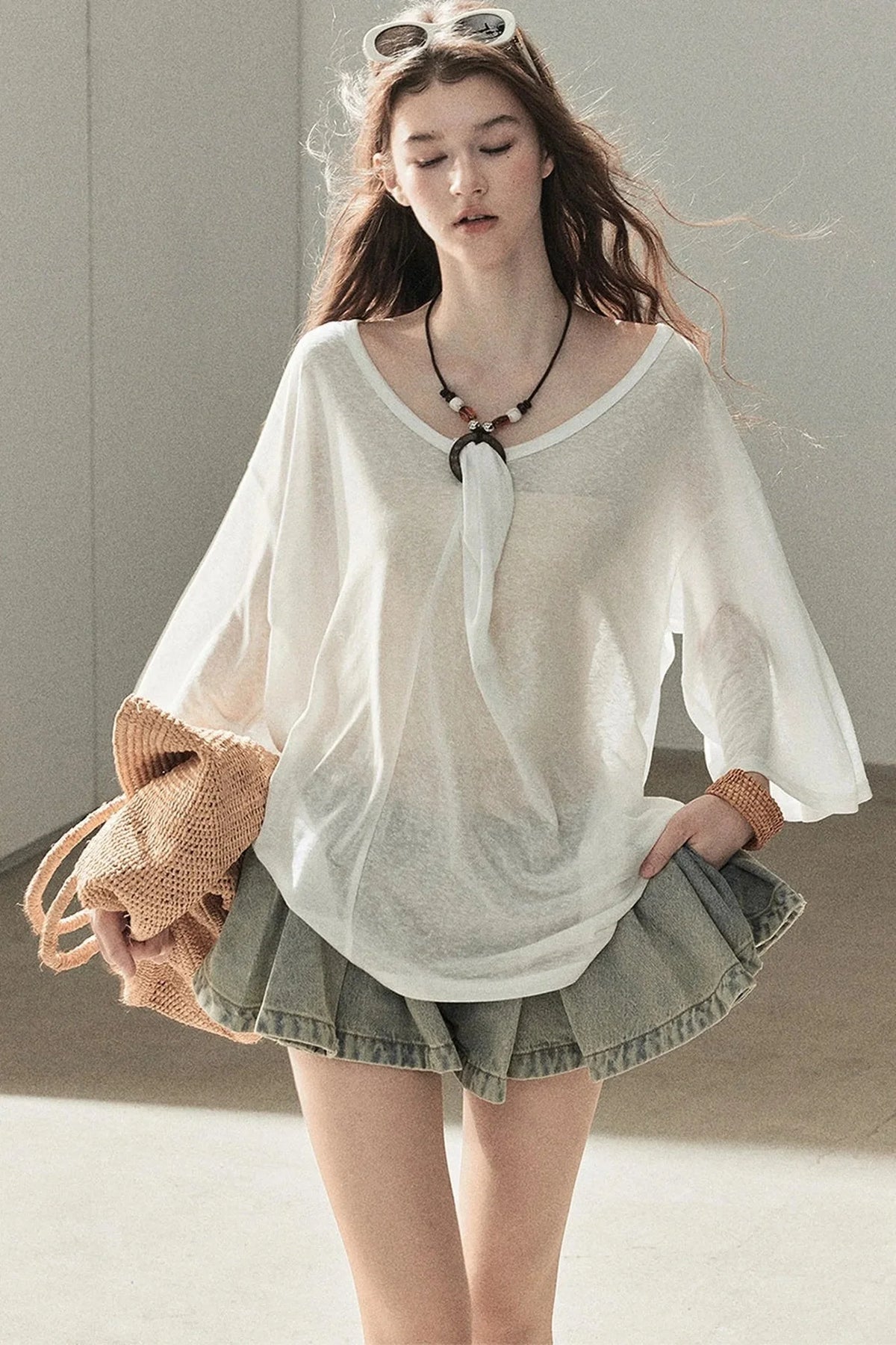 A-Line Pleated Denim Skirt