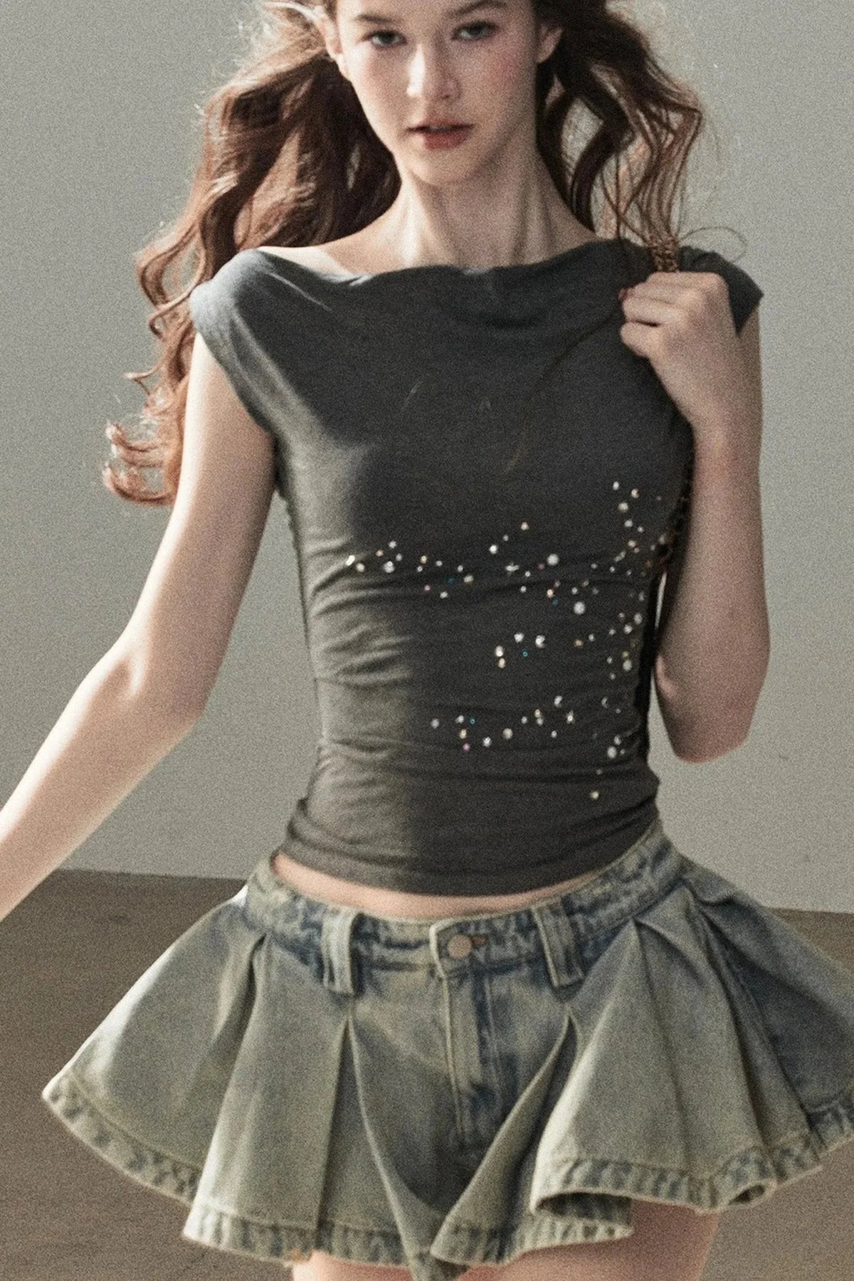 A-Line Pleated Denim Skirt