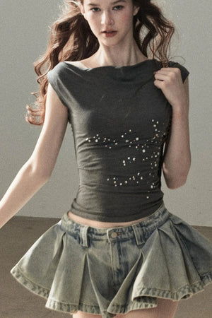 A-Line Pleated Denim Skirt