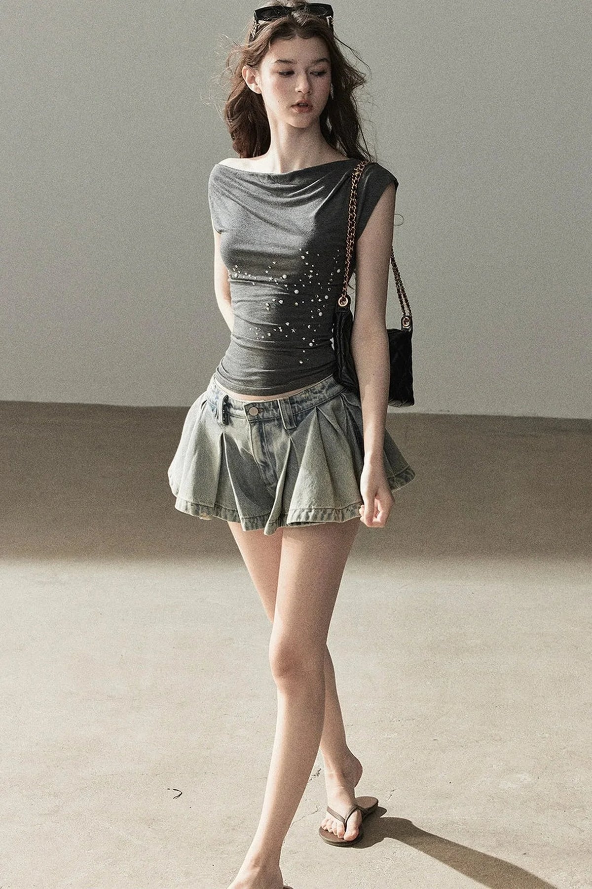 A-Line Pleated Denim Skirt
