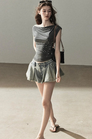 A-Line Pleated Denim Skirt